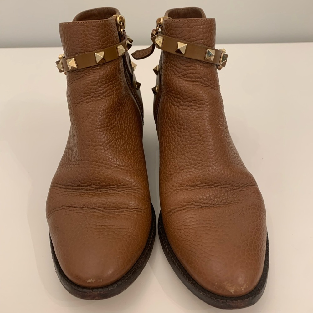 Valentino Brown Leather Ankle Boots with Gold Studs - in preloved condition